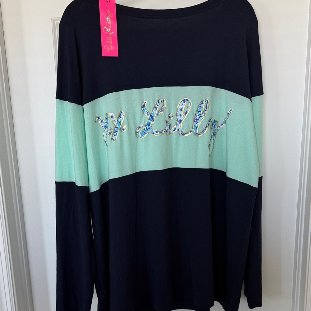 Lilly Pulitzer Navy and Aqua Finn Top  NWT Size XL